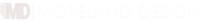 Moreland Design wordmark logo featuring an 'MD' monogram in soft beige on the left, with a faint decorative owl illustration incorporated into the design. The company name 'Moreland Design' appears to the right in a sleek, widely spaced modern font, creating a minimalist and professional brand identity